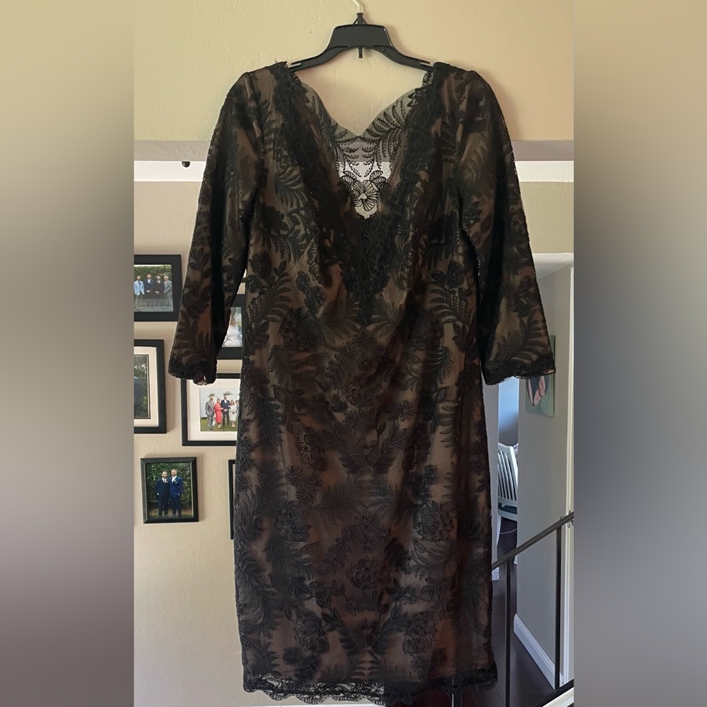 Beautiful Tadashi Shoji tea length black lace dress with nude lining